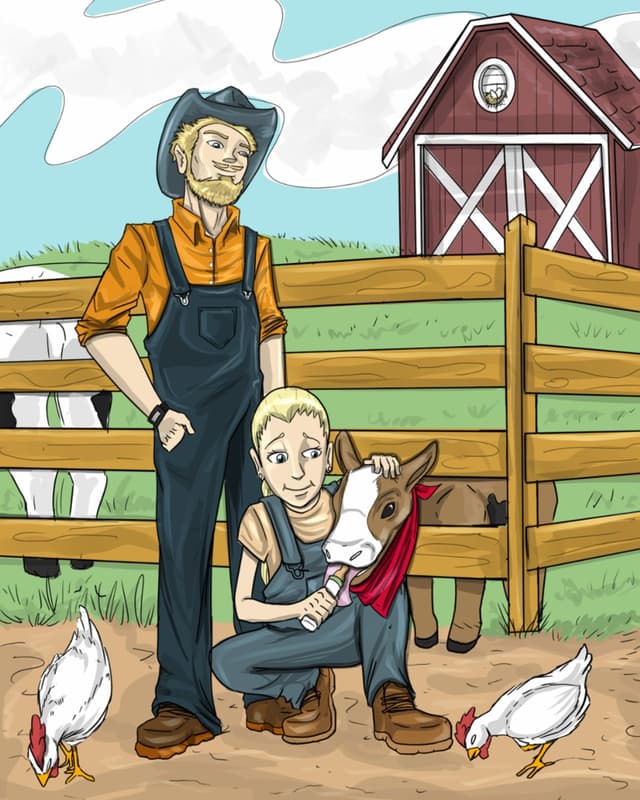Cure and her father feeding the pigs, cows, chickens, and horses on the family farm